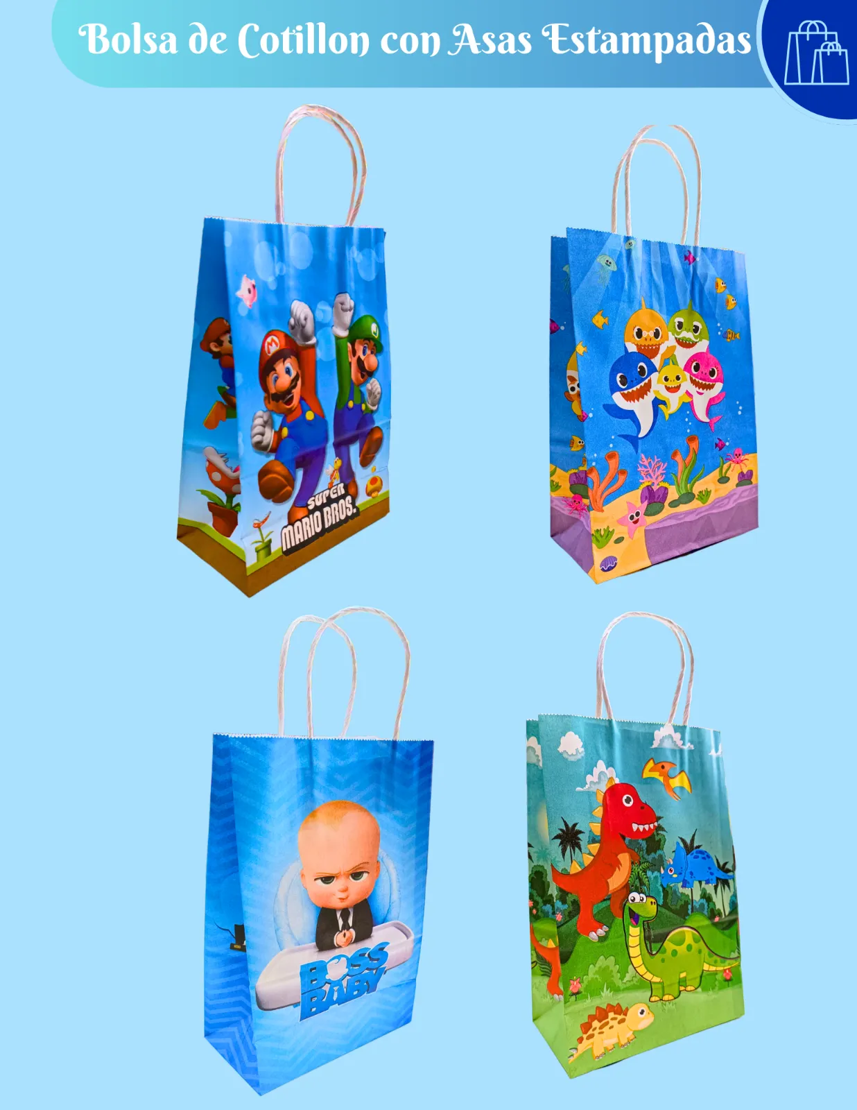 BOLSAS DE COTILLON CON ASAS ESTAMPADAS (P) X6