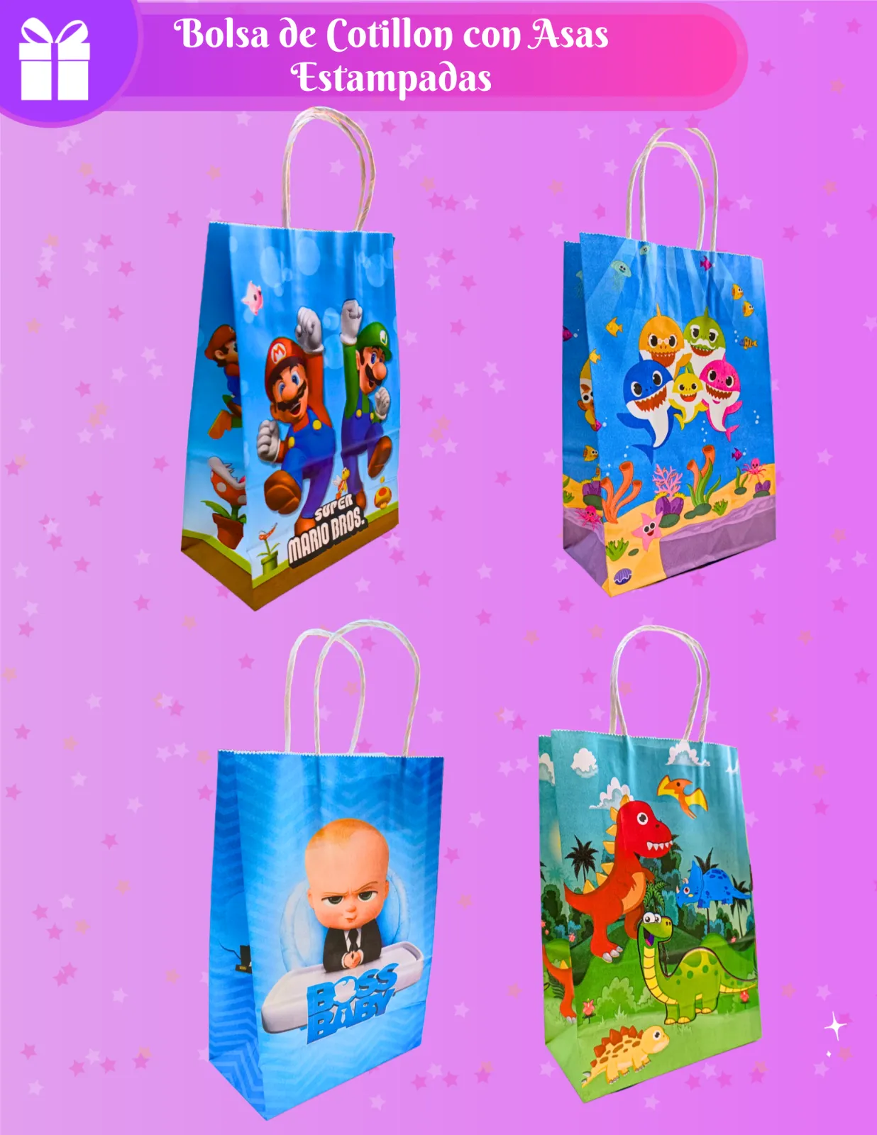 BOLSAS DE COTILLON CON ASAS ESTAMPADAS (P) X8