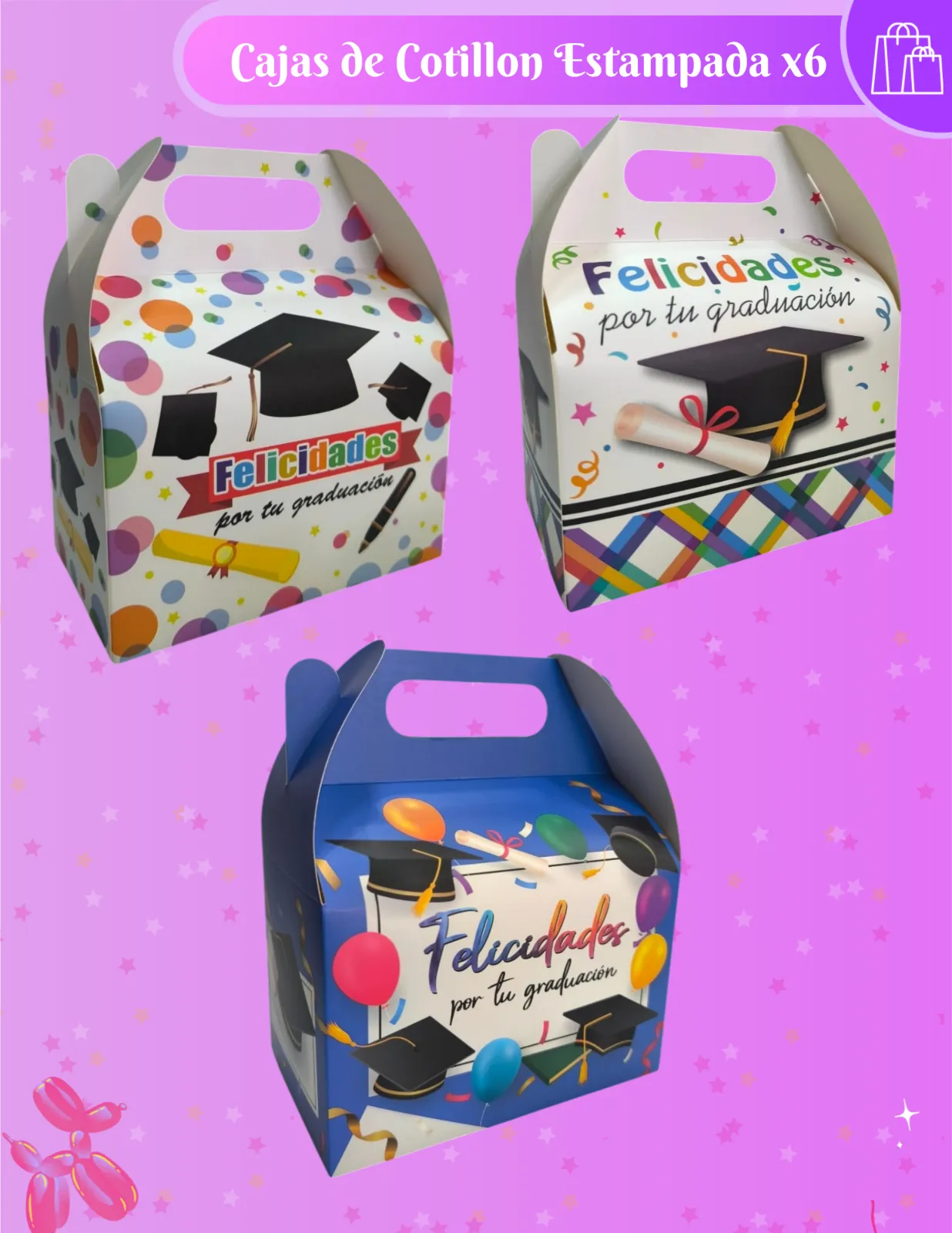 CAJAS DE COTILLON ESTAMPADAS X6 GRADUACION